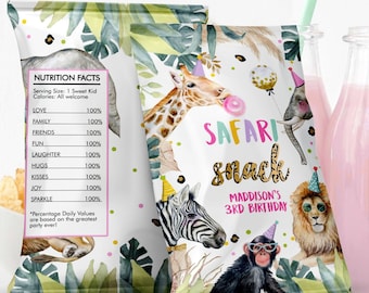 Editable Party Animals Chip Bag Safari Animals Birthday Decor Girl Zoo Pink Safari Snacks Wild One Four 4th Digital Template Printable 0417