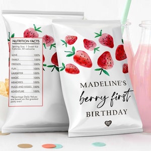 Editable Strawberry Chip Bag Berry First Birthday Party Decor Strawberry Berry Sweet Snack Favors Digital Download Template Printable 0399