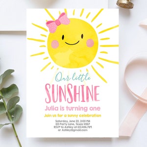 Bearbeitbar Unser kleiner Sonnenschein Geburtstagseinladung Mädchen Sommer Erste 1st Party Rosa Mädchen Bogen Digital Download Template Printable 0141