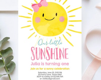 Editable Our Little Sunshine Birthday Invitation Girl Summer First 1st Party Pink Girl Bow Digital Download Template Printable 0141