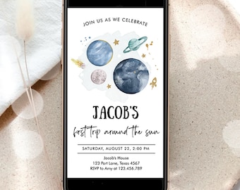 Editable Outer Space First Birthday Evite Galaxy Blast Off First Trip Around the Sun Invitation Phone Digital Download Evite Template 0357