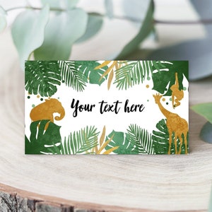 Editable Safari Animals Food Labels Wild One Place Tent Card Escort Card Black Gold Boy Jungle Birthday Zoo Animals Corjl Template  0016