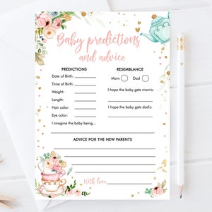 May include: A printable baby shower game card with a floral design and a teapot. The card has sections for predictions, such as date of birth, time of birth, weight, length, hair color, and eye color. It also has a section for resemblance, where guests can circle whether they think the baby will look more like the mom or the dad. The card also has a section for advice for the new parents.