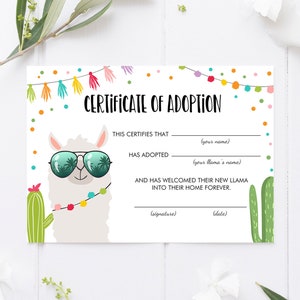 Llama Adoption Certificate Adopt a Llama Llama Birthday Party Cactus Fiesta Mexican Girl Animal Adoption Download Digital Printable 0079