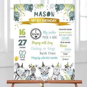 Editable Party Animals Birthday Milestone Sign Boy Gold Blue Green First Birthday 1st Safari Animals Wild Digital Template Printable 0322
