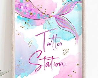 Tattoo Station Sign Girl Mermaid Birthday Sign Table Decor Mermaid Party Sign Under The Sea Favors Bar Instant Download Printable 0403