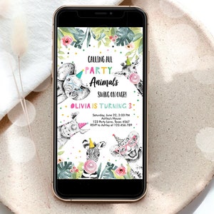 Editable Party Animals Birthday Evite Wild One Animals Invitation Zoo Safari Animals Girl Download Digital Invite iPhone Template 0322