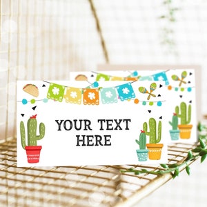 Etiquetas editables para comida de tacos de fiesta, tarjeta de lugar para fiesta, tarjeta de carpa, cumpleaños, baby shower, fiesta mexicana, decoración de cactus, plantilla imprimible 0161