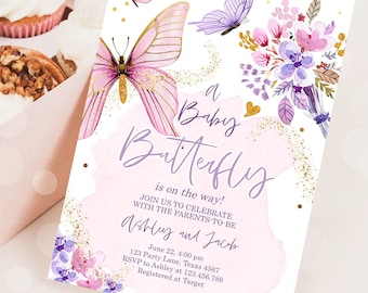 Editable Butterfly Baby Shower Invitation Purple Butterfly on The Way Floral Pink Gold Girl Digital Download Evite Template Printable 0437