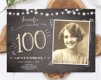 Bewerkbare 100e verjaardag uitnodiging schoolbord rustieke volwassen verjaardagsuitnodiging honderd download afdrukbare uitnodiging sjabloon Corjl 0230