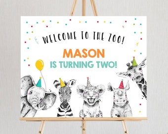 Editable Party Animals Welcome to the Zoo Sign Safari Animals Sign Welcome Jungle Sign Birthday Animals Boy Corjl Template Printable 0390