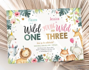 Editable Safari Animals Joint Birthday Invitation Boy Girl Wild One and Three Combined Party Zoo Wild and Three Template Digital Corjl 0163