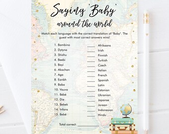 Editable Saying Baby Around the World Baby Shower Game Card Travel Adventure Journey Activity Digital Download Template Printable 0263