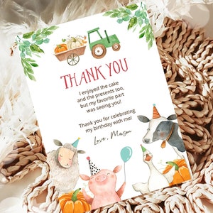 Bearbeitbare Bauernhoftiere Dankeskarte Kürbisjunge grüner Traktor Bauernhof Geburtstag Barnyard Danke Herbst Herbst Digitale Vorlage Printable 0155