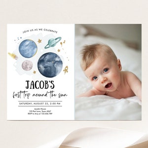 Editable Outer Space First Birthday Invitation Galaxy Blast Off First Trip Around the Sun Digital Download Evite Template Printable 0357