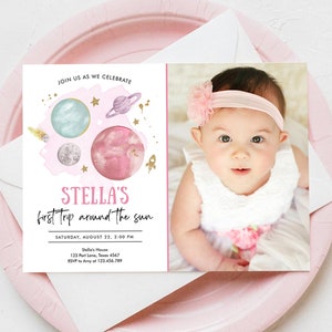 Editable Outer Space Girl First Birthday Invitation Galaxy Blast Off First Trip Around the Sun Pink Download Printable Template Corjl 0357 image 1