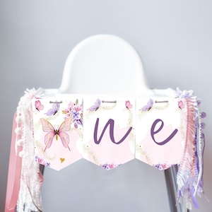 Banner per seggiolone a farfalla Bambina farfalla 1° primo compleanno Giardino farfalle UNA decorazione per feste a farfalla STAMPABILE Digitale 0437