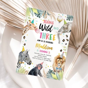 Editable Young Wild and Three Invitation Girl Pink and Gold Safari Animals Zoo Instant Download Printable Template Digital Corjl 0417