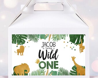 Bewerkbare safaridieren verjaardag gevel geschenkdoos etiketten feestbeesten goud groen wild één eerste jarige digitale sjabloon afdrukbare 0016