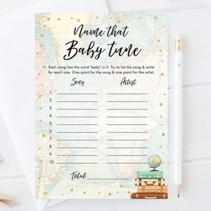 Editable Name That Baby Tune Game Travel Baby Shower Adventure Shower Game Baby Coed Suitcases Map Digital Download Template Printable 0263