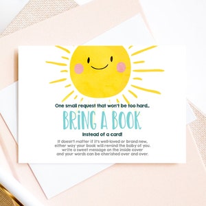 Carte Apportez un livre pour une fête prénatale modifiable Un rayon de soleil Little Sunshine Blue Books for baby Modèle de demande de livre Corjl imprimable 0141
