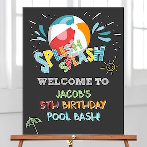 Editable Pool Party Welcome Sign Pool Party Birthday Beach Ball Pool Bash Boy Welcome Splish Splash Digital Download Template Printable 0169