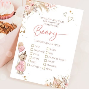 Lista de verificação de caça ao tesouro editável Jogo de festa de aniversário de urso de pelúcia Atividade de urso caprichoso Floresta Jardim Menina Modelo digital para impressão 0421