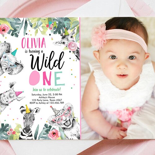 Jungle Wild One Birthday Invitation Safari Girl Birthday Etsy