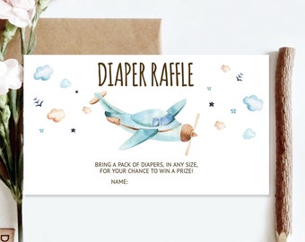Editable Diaper Raffle Ticket Airplane Baby Shower Travel Adventure Diaper Game Blue Plane Diaper Ticket Game Corjl Template Printable 0185