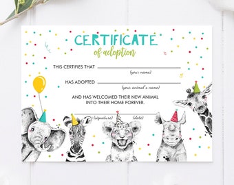 Adopt an Animal Adoption Certificate Safari Animals Adoption Wild One Birthday Party Animals Birthday Boy Download Digital PRINTABLE 0390