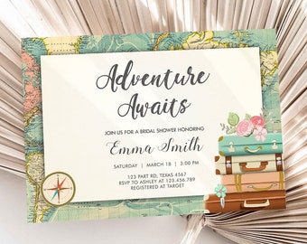 Editable Adventure Awaits Bridal Shower Invitation World Map Suitcase Vintage Adventure Map Pink Floral Template Corjl Printable 0044