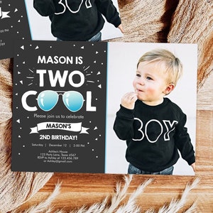 Editable Two Cool Birthday Invitation Boy Second Birthday Party 2nd I&#39;m Two Cool Pilot Sunglasses Photo Printable Phone Evite Template 0136