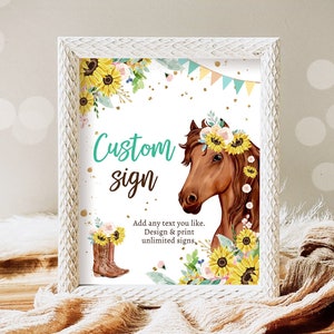 Editable Custom Horse Birthday Party Sign Saddle Up Cowgirl Party Sign Sunflowers Horse Girl Table Sign 8x10 Corjl Template Printable 0408