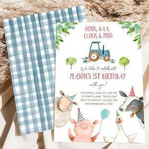 Editable Farm Animals Birthday Invitation Boy Fist 1st Party Animals Blue Tractor Barnyard Barn Digital Evite Template Printable 0155