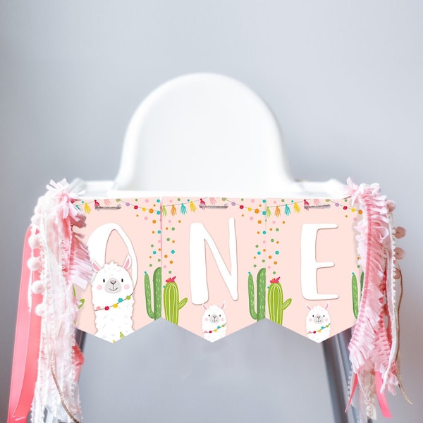 Llama High Chair Banner Girl 1st First Birthday Pink ONE Fiesta Birthday Party Decor One Garland Cactus Succulent PRINTABLE Digital 0079