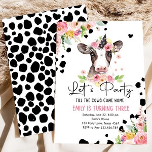 Editable Cow Birthday Invitation Girl Farm Animals Let&#39;s Party Till The Cowgirl Come Home Holy 1st Digital Download Template Printable 0434