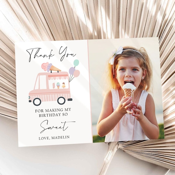 Editable Ice Cream Truck Thank You Card Ice Cream Birthday Thank you Note Girl Birthday Summer Download Printable Template Corjl 0415