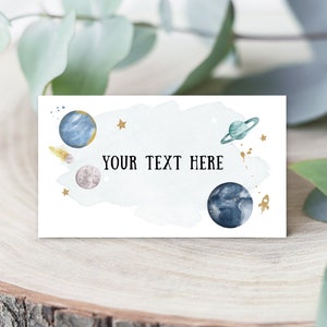 Editable Food Labels Outer Space Birthday Galaxy Food Labels Place Card Tent Card Escort Card Astronaut Around the Sun Template Corjl 0357