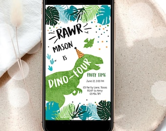 Editable Dino-Four Dinosaur Birthday Evite Dino T-Rex 4th Birthday Invitation Fourth Boy Prehistoric Phone Digital Download Template 0389