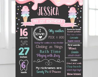 Editable Ice Cream Birthday Milestone Sign Poster Girl Pink First Birthday 1st Cone Sweet One Digital Download Template Printable 0243