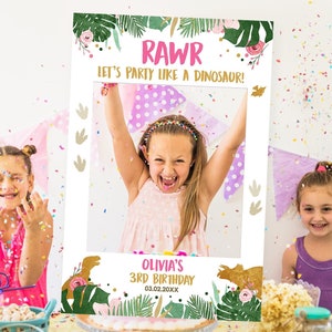 Editable Dinosaur Birthday Photo Prop Frame Pink Gold Girls Birthday Dino Party Photo Booth Decor RAWR Digital Template Printable 0146