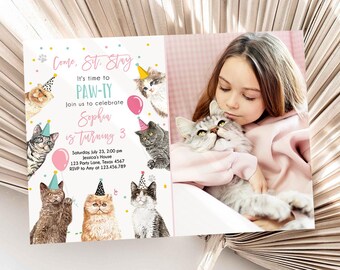 Editable Cat Birthday Party Invitation Kitten Birthday Invite Pink Girl Kitty Cat Invitation Pet Cute Download Printable Template Evite 0384