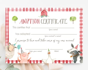 Adopt an Animal Adoption Certificate Farm Animals Adoption Red Barn Farm Birthday Party Barnyard Boy Download Digital PRINTABLE 0155