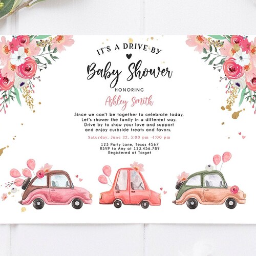 Editable Drive by Baby Shower Invitation Pink Girl Baby Shower Etsy