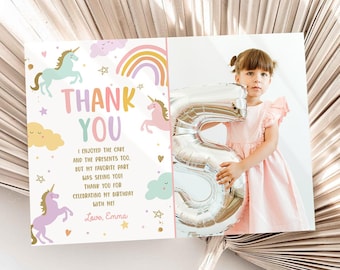 Editable Unicorn Thank You Card Magical Party Birthday Girl Pink Pastel First Digital Unicorn Party Template Rainbow Download Corjl 0426