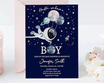 Editable Space Astronaut Baby Shower Invitation Galaxy Houston It's a Boy Blue Planets Moon Countdown Template Instant Download Corjl 0366