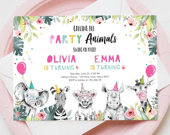 Editable Party Animals Birthday Invitation Wild One Animals Safari Animals ANY AGE Zoo Girl Siblings Joint Corjl Template Printable 0322