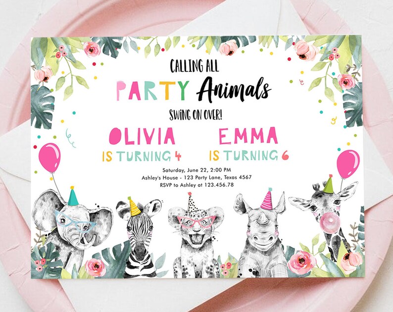 Editable Party Animals Birthday Invitation Wild One Animals Safari Animals ANY AGE Zoo Girl Siblings Joint Corjl Template