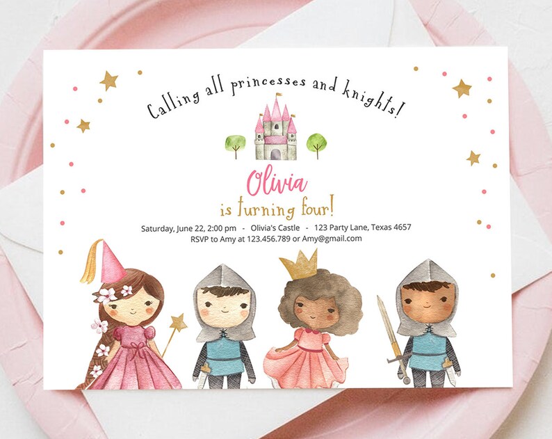 Editable Princess and Knight Birthday invitation Once Upon a Time Princess Birthday Girl Pink Castle Download Printable
