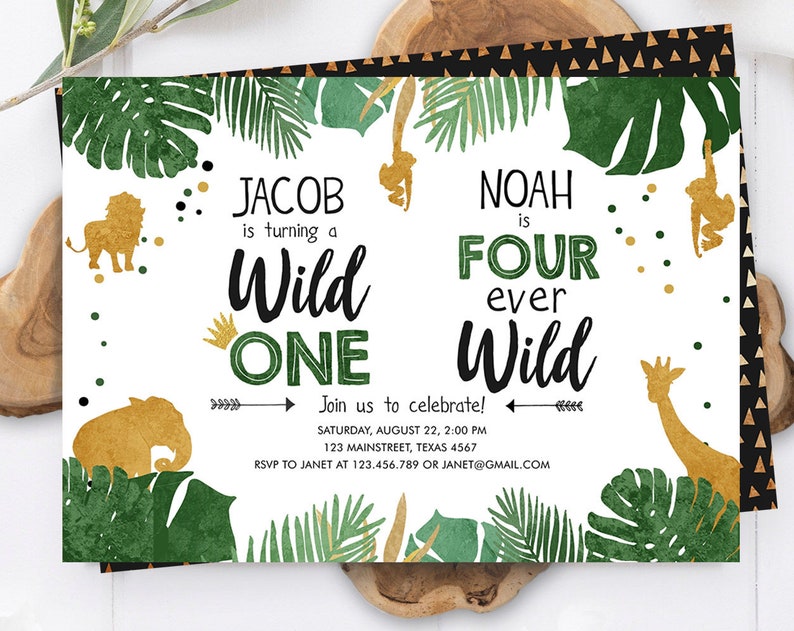 Editable Wild One Four Ever Wild Birthday Invitation Boys Brothers Safari Animals Party Gold Joint Combined Printable Corjl